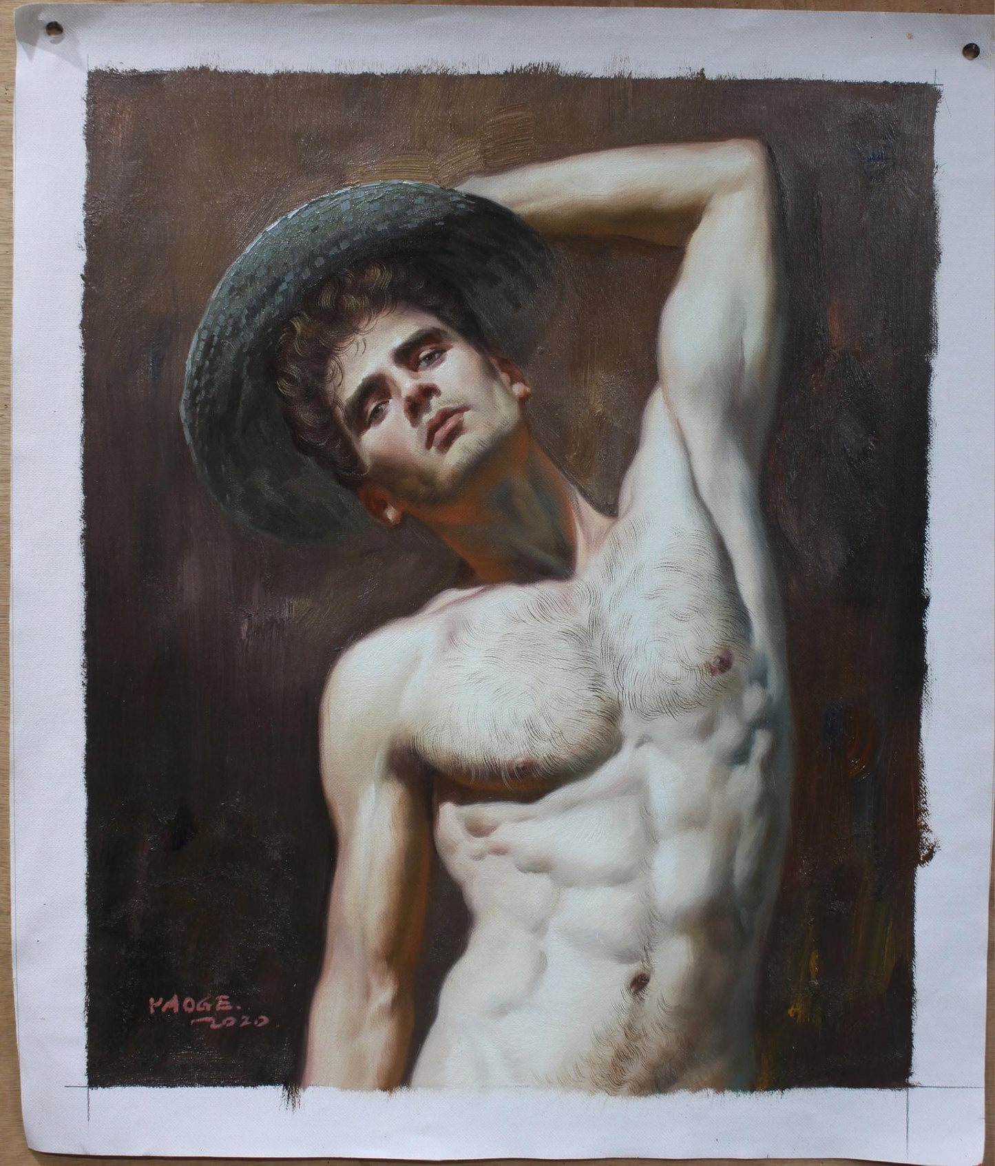 erotic art portrait of shirtless man original oil painting on canvas signed