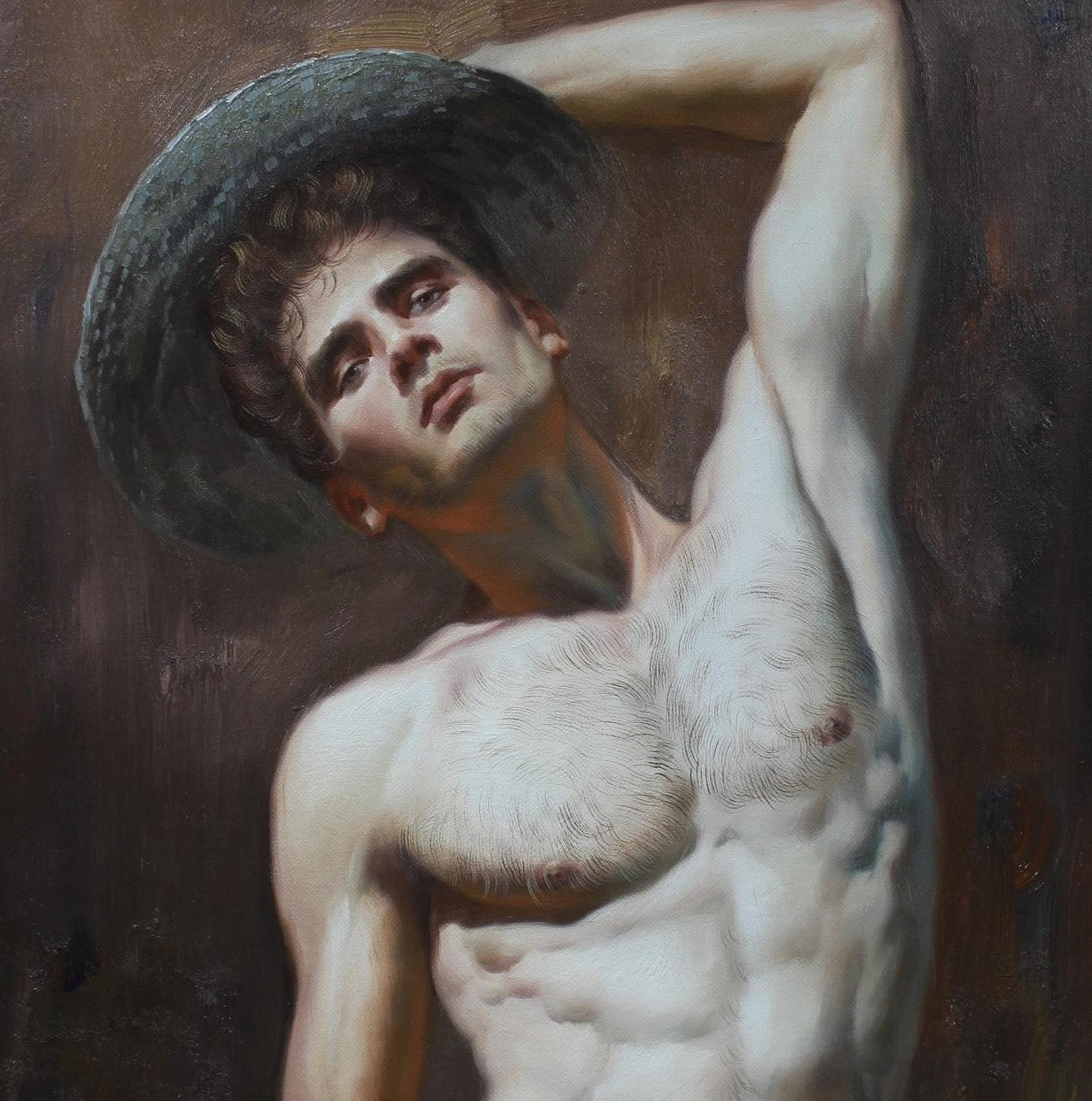 erotic art portrait of shirtless man original oil painting on canvas signed