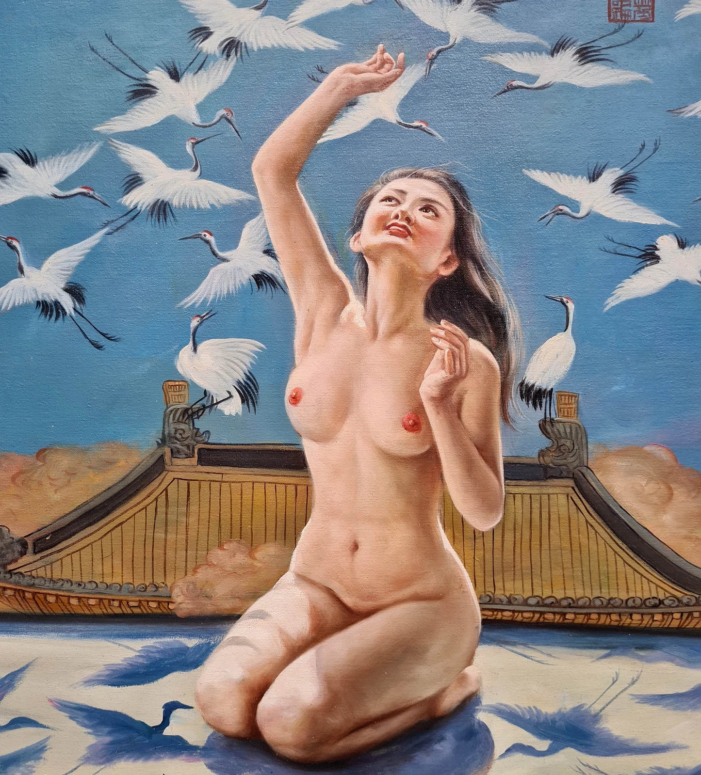 art-érotique-nue-intégrale-femme-asiatique-peinture-huile sur toile-oiseaux