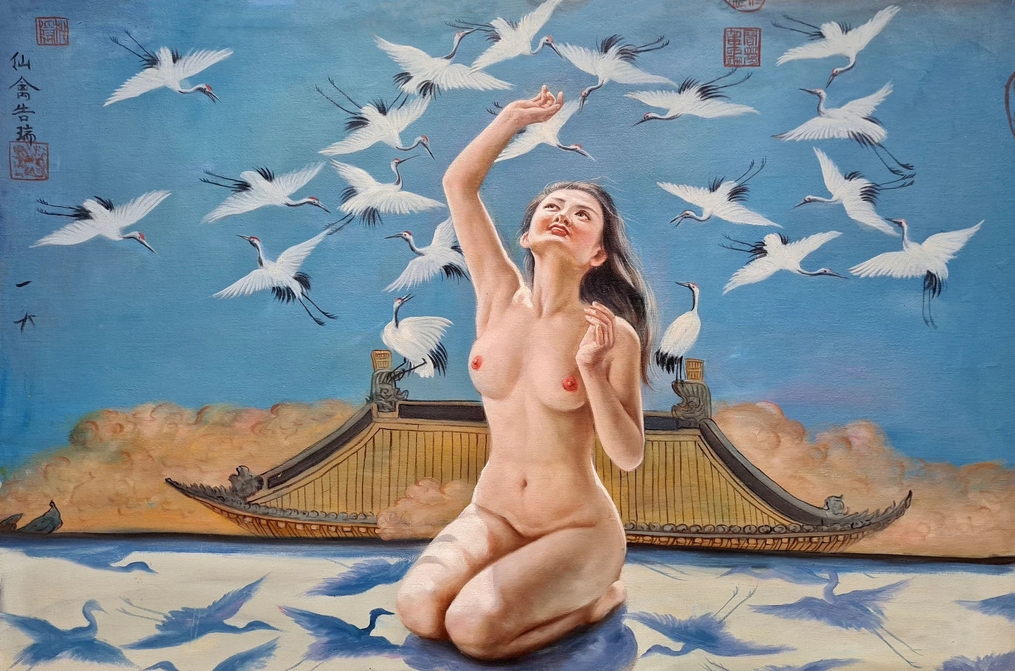 art-érotique-nue-intégrale-femme-asiatique-peinture-huile sur toile-oiseaux