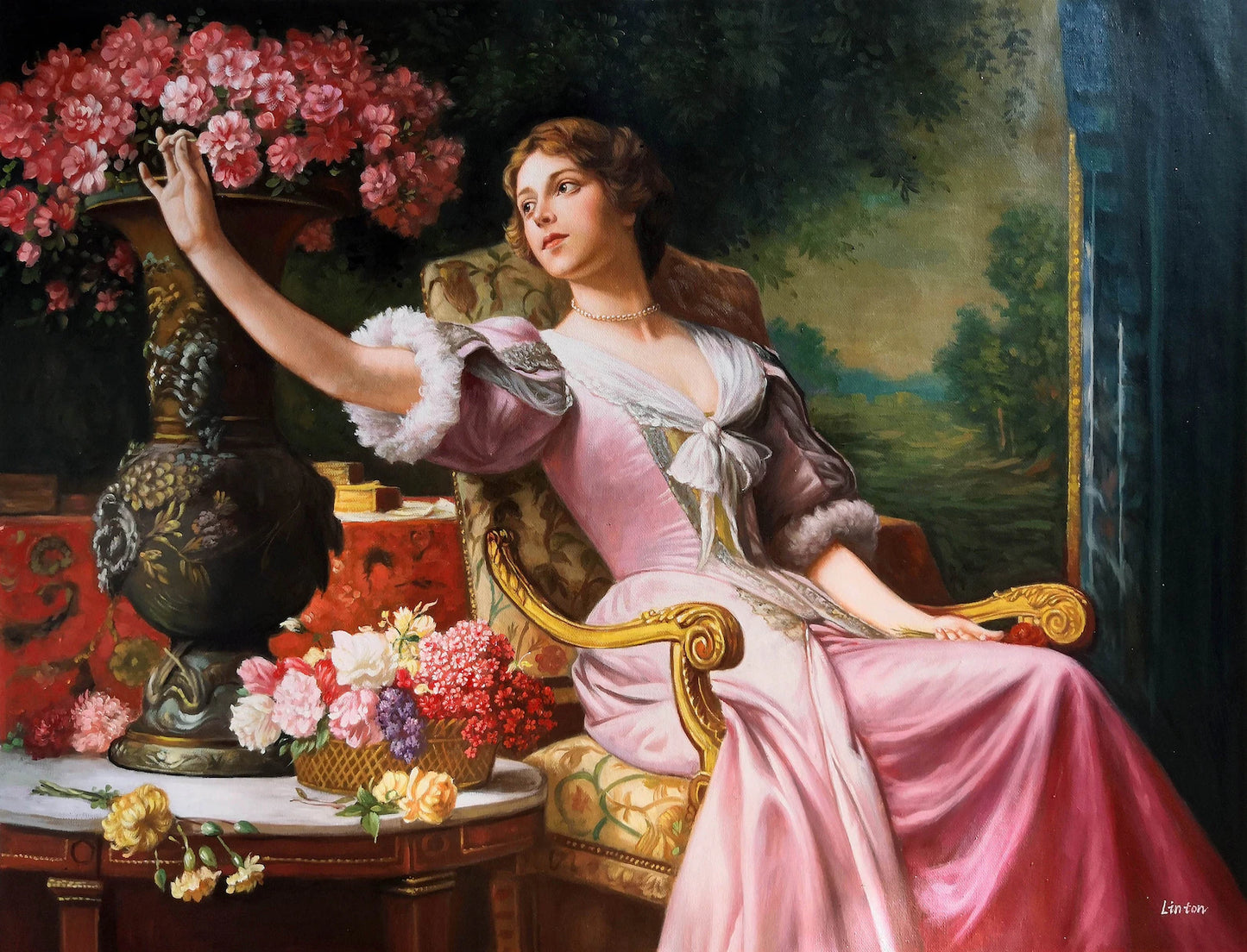 art-portrait-scène-vie-femme-assise-fleurs-peinture-huile-toile-d'après Władysław Czachórski