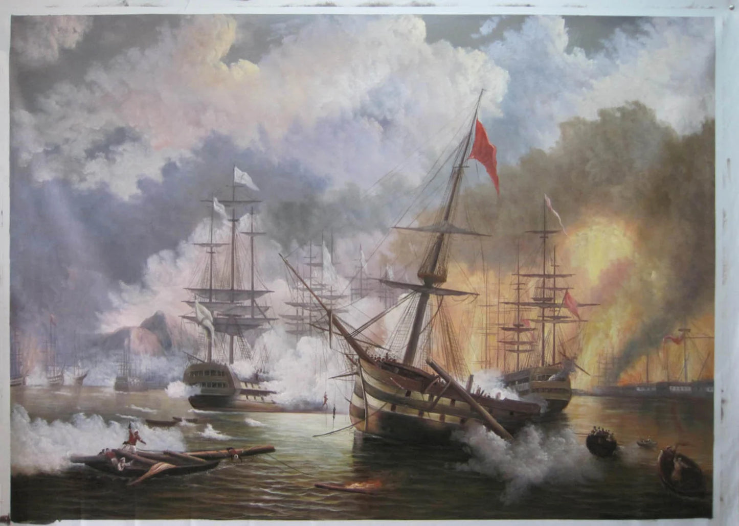 art-militaire-bateaux-guerre-bataille-navale-peinture-huile-toile