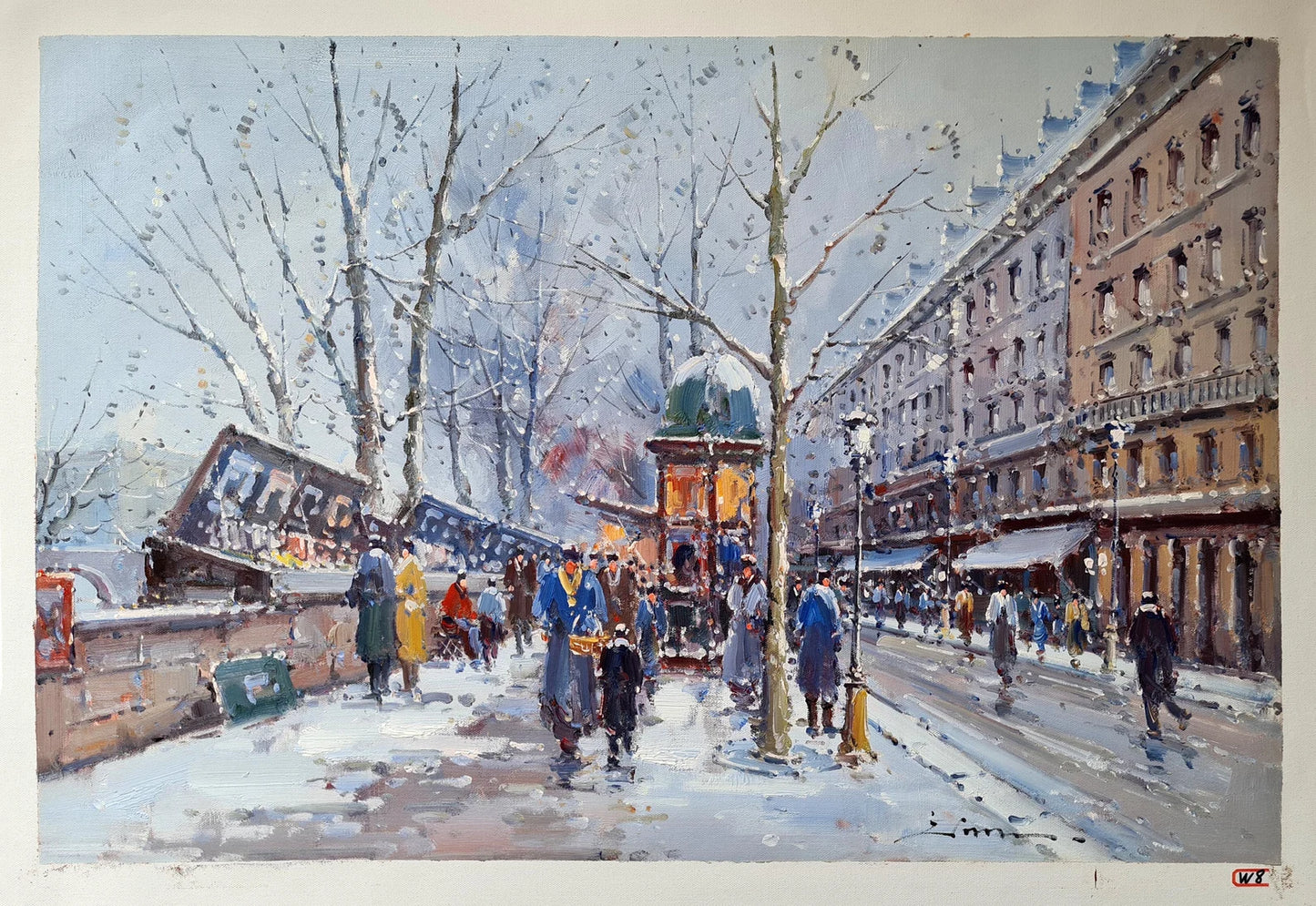 art-scène-rue-Paris-bouquiniste-peinture-huile-toile