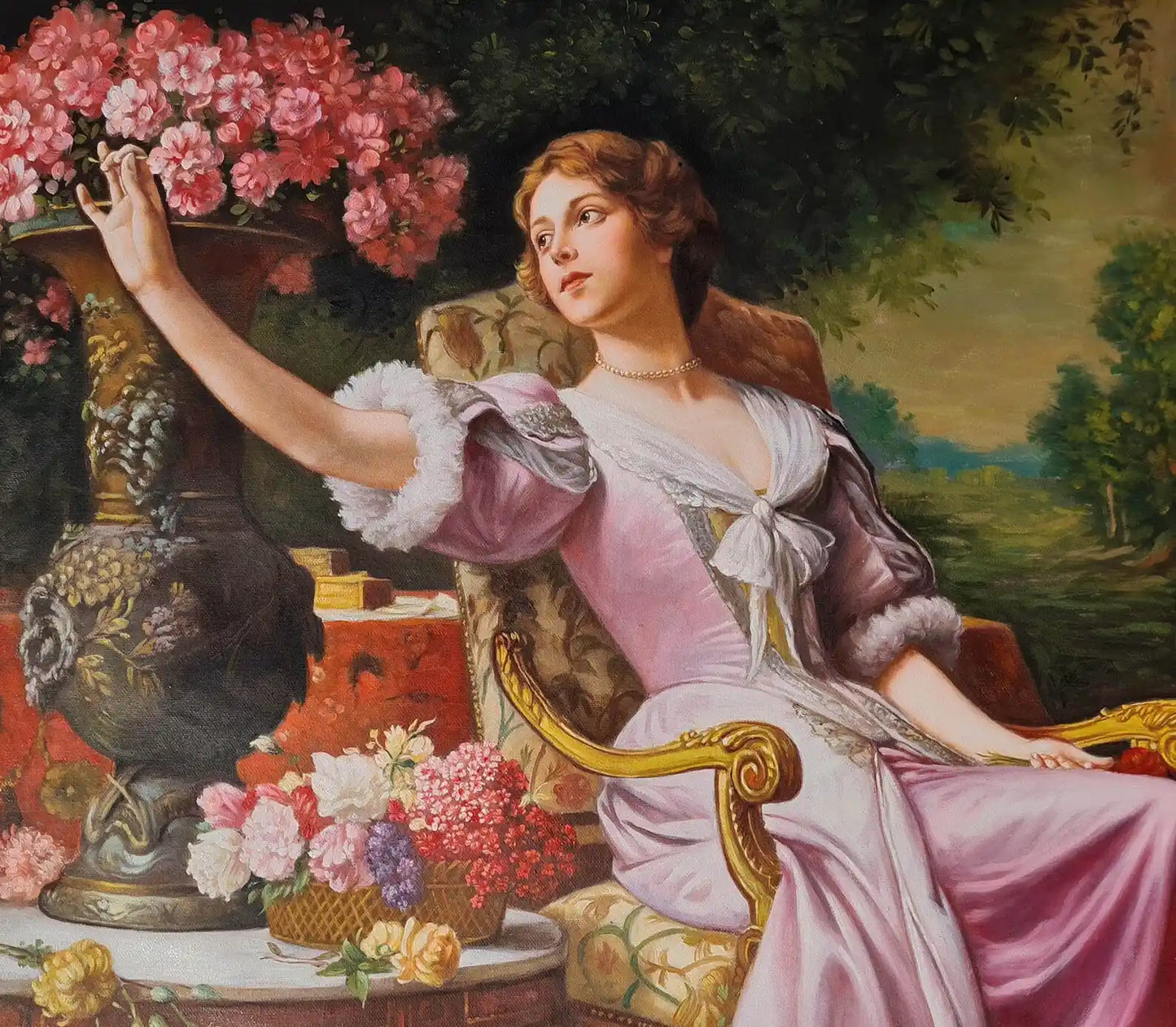 art-portrait-scène-vie-femme-assise-fleurs-peinture-huile-toile-d'après Władysław Czachórski