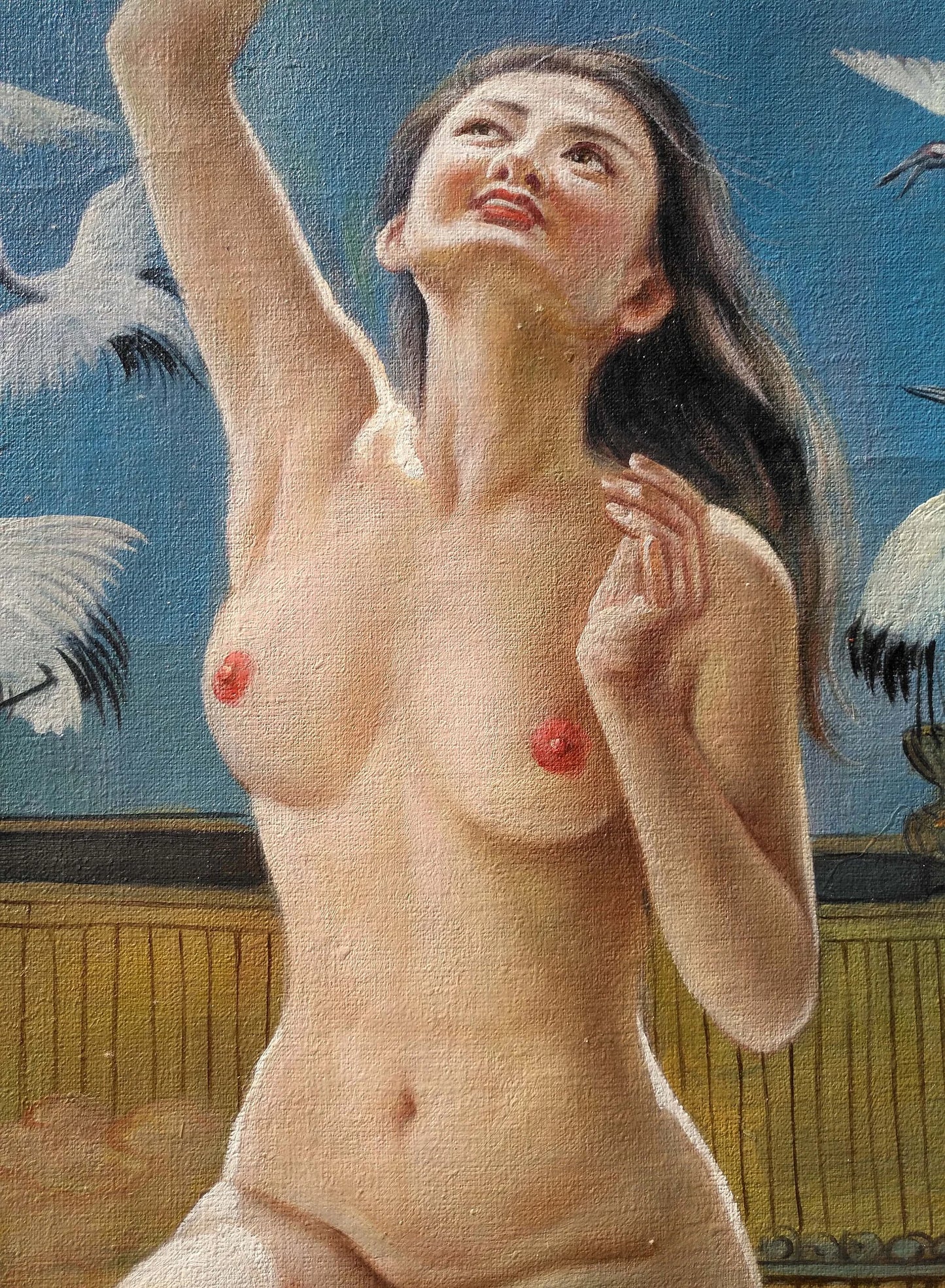 art-érotique-nue-intégrale-femme-asiatique-peinture-huile sur toile-oiseaux