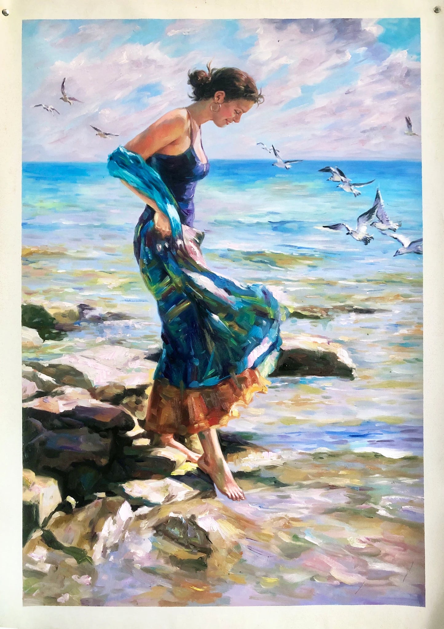 art-decoration-tableau-peinture-huile-toile-scene-plage-ocean-femme