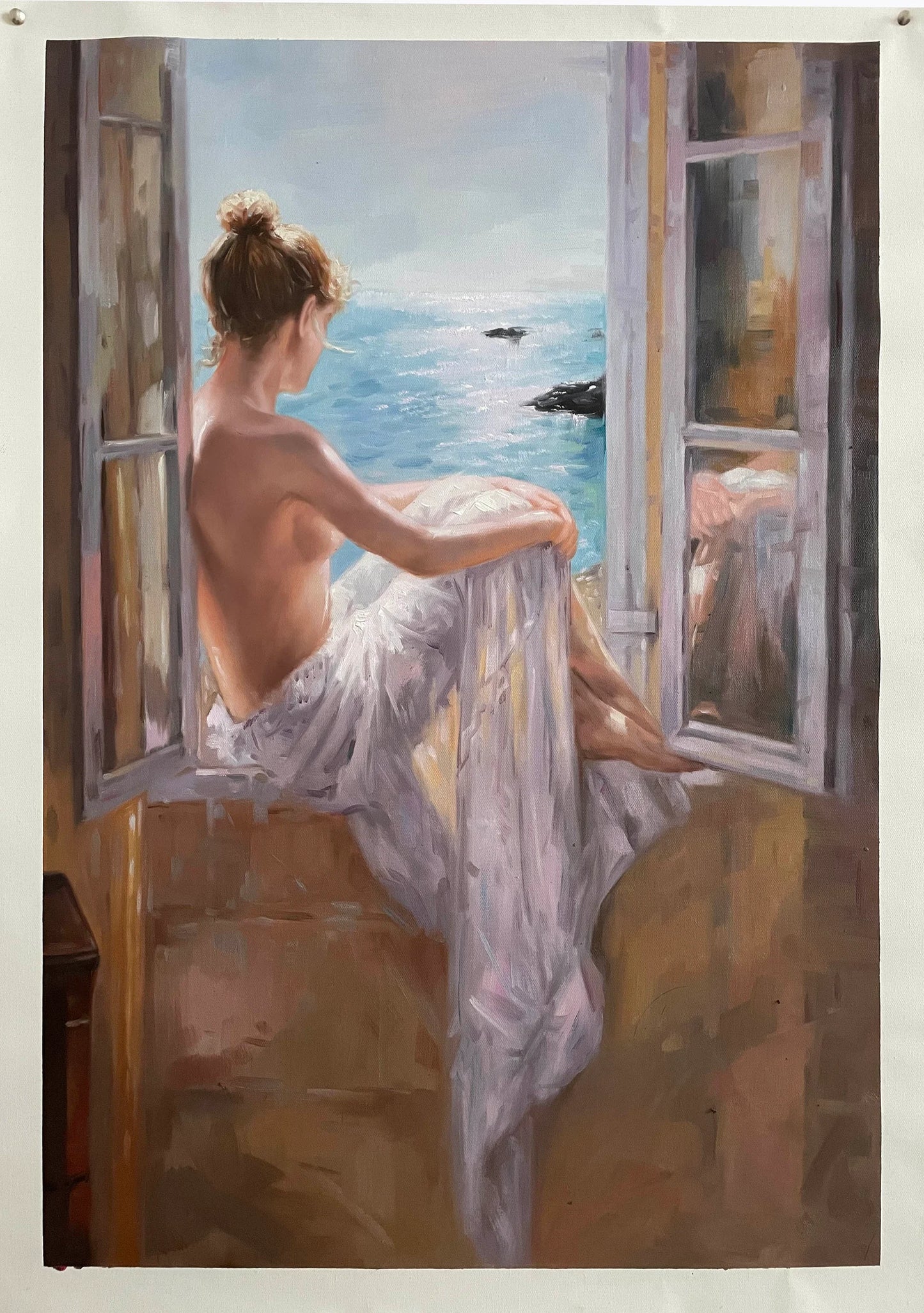 art-scène-vie-femme-nue-fenêtre-vue-mer-peinture-huile-toile