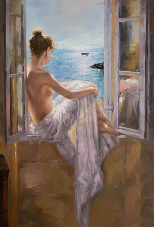 art-scène-vie-femme-nue-fenêtre-vue-mer-peinture-huile-toile