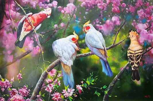 art-animal-oiseaux-perruches-géantes-colorées-arbre-fleurs-peinture-huile-toile