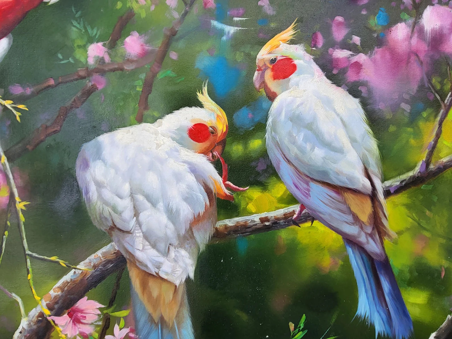 art-animal-oiseaux-perruches-géantes-colorées-arbre-fleurs-peinture-huile-toile