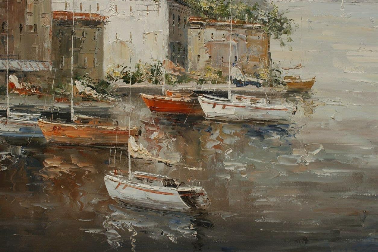 paysage port bateaux tableau peinture huile sur toile signée / Hand Painted Oil Painting boats seascape