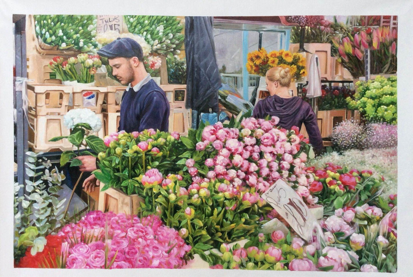 scène marché aux fleurs Paris tableau peinture huile sur toile