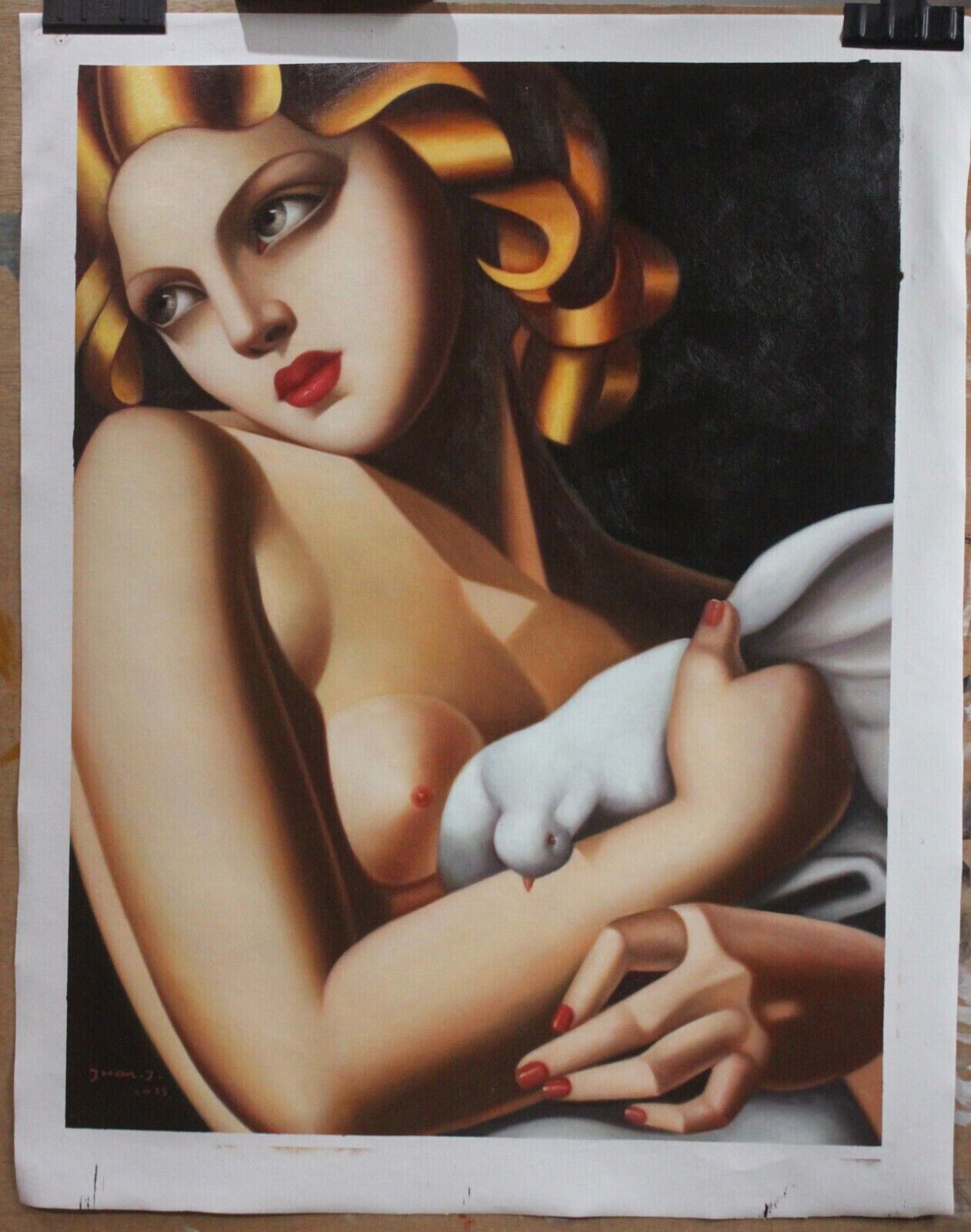 femme nue avec colombe d'après Lempicka peinture huile sur toile