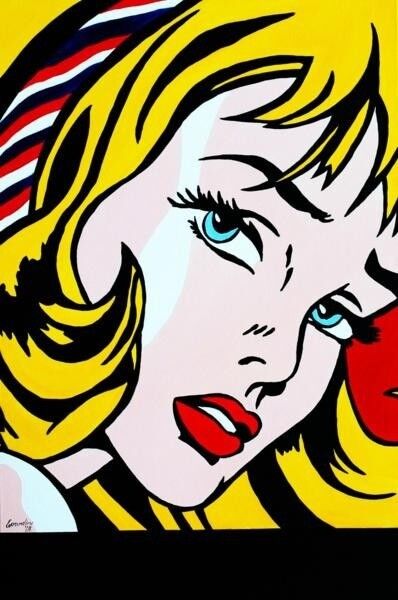 scène cartoon d'après Lichtenstein lovers peinture huile sur toile signée