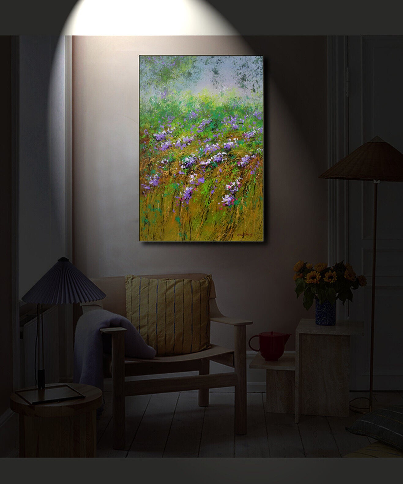 Beaux-arts abstraits paysage fleurs peinture originale à l'huile sur toile