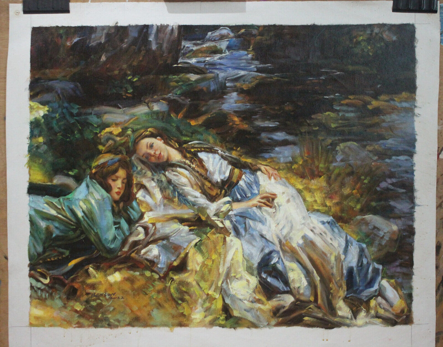 Reproduction ancien maître John Singer peinture à l'huile argent The Brook filles détente