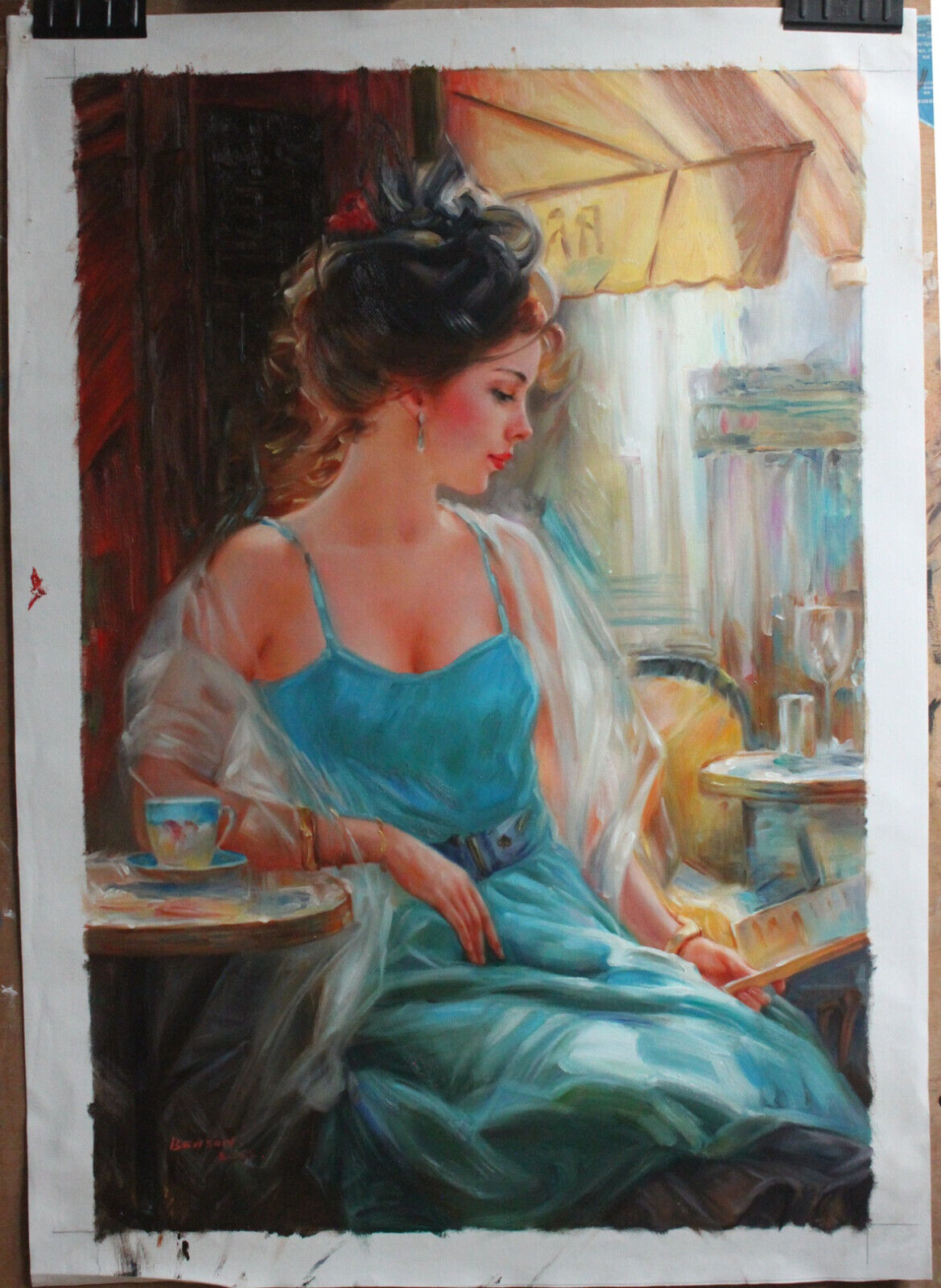 Art moderne belle fille tasse de thé café reproduction peinture à l'huile sur toile