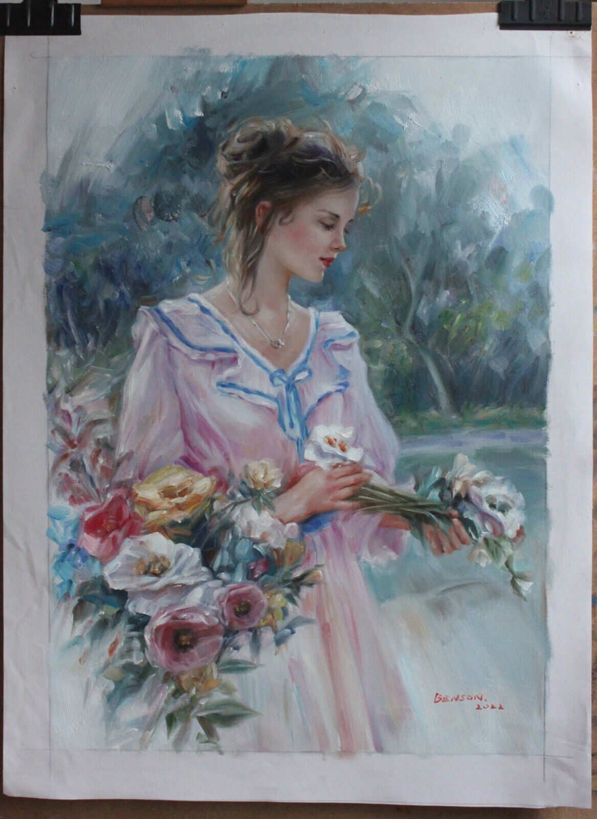 Art moderne rare beauté fille cueillette fleur reproduction peinture huile sur toile