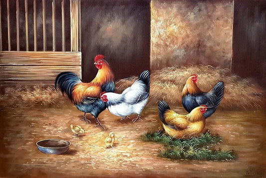 art-animal-Peinture à l'huile poulets dans l'étable