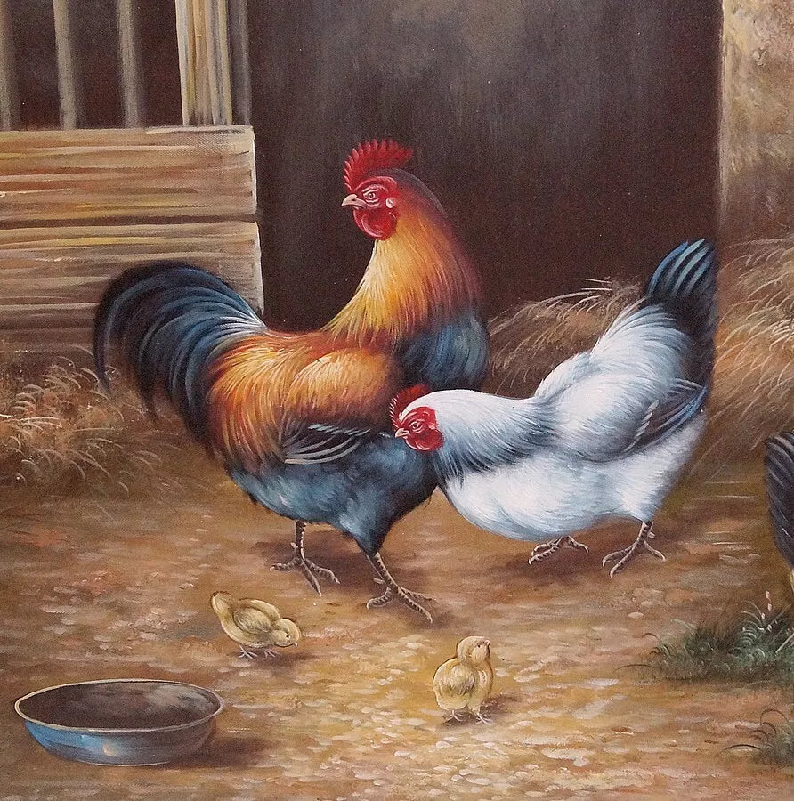 art-animal-Peinture à l'huile poulets dans l'étable