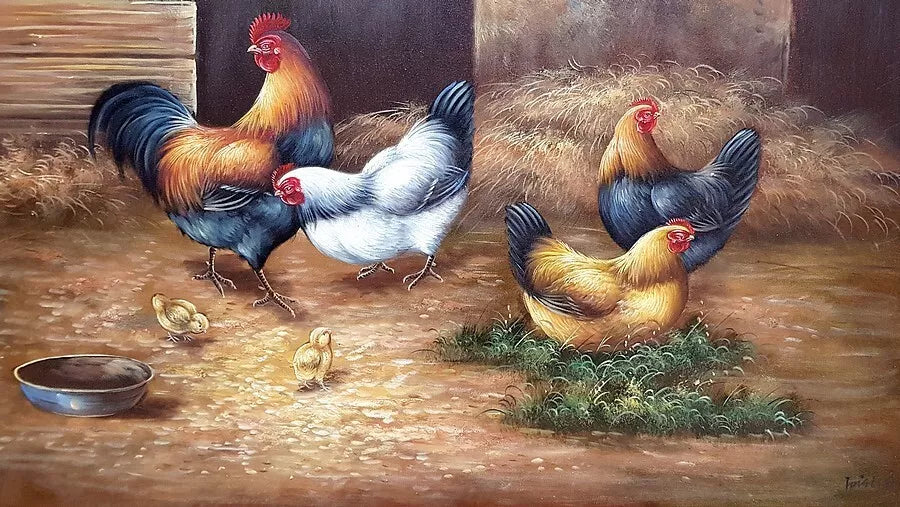 art-animal-Peinture à l'huile poulets dans l'étable