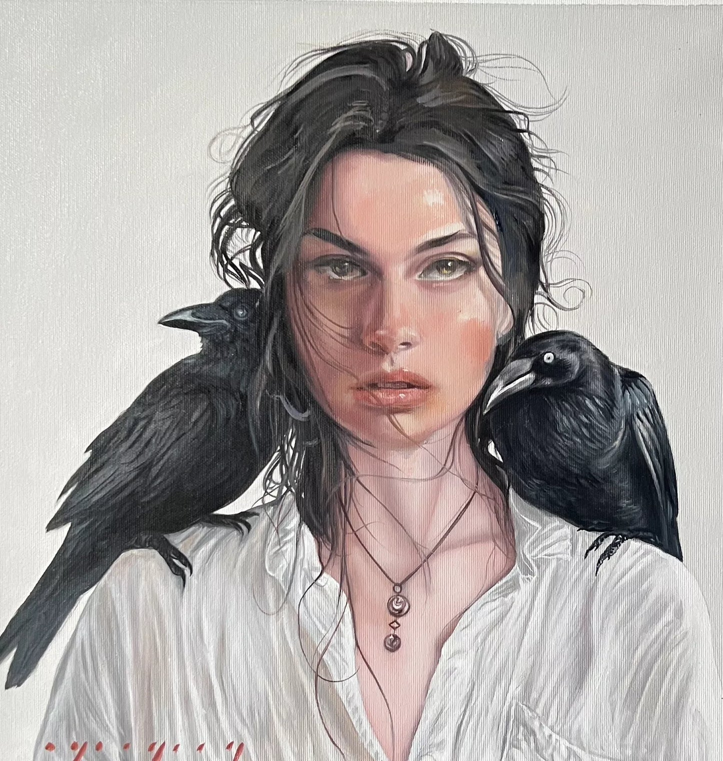 art-portrait-femme-corbeau-peinture-huile sur toile