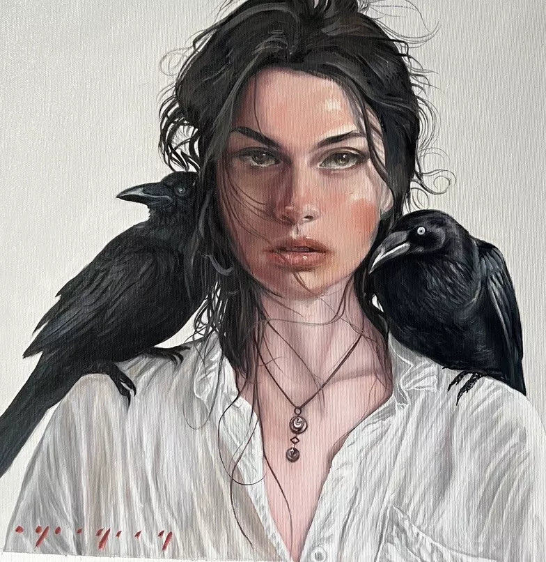 art-portrait-femme-corbeau-peinture-huile sur toile