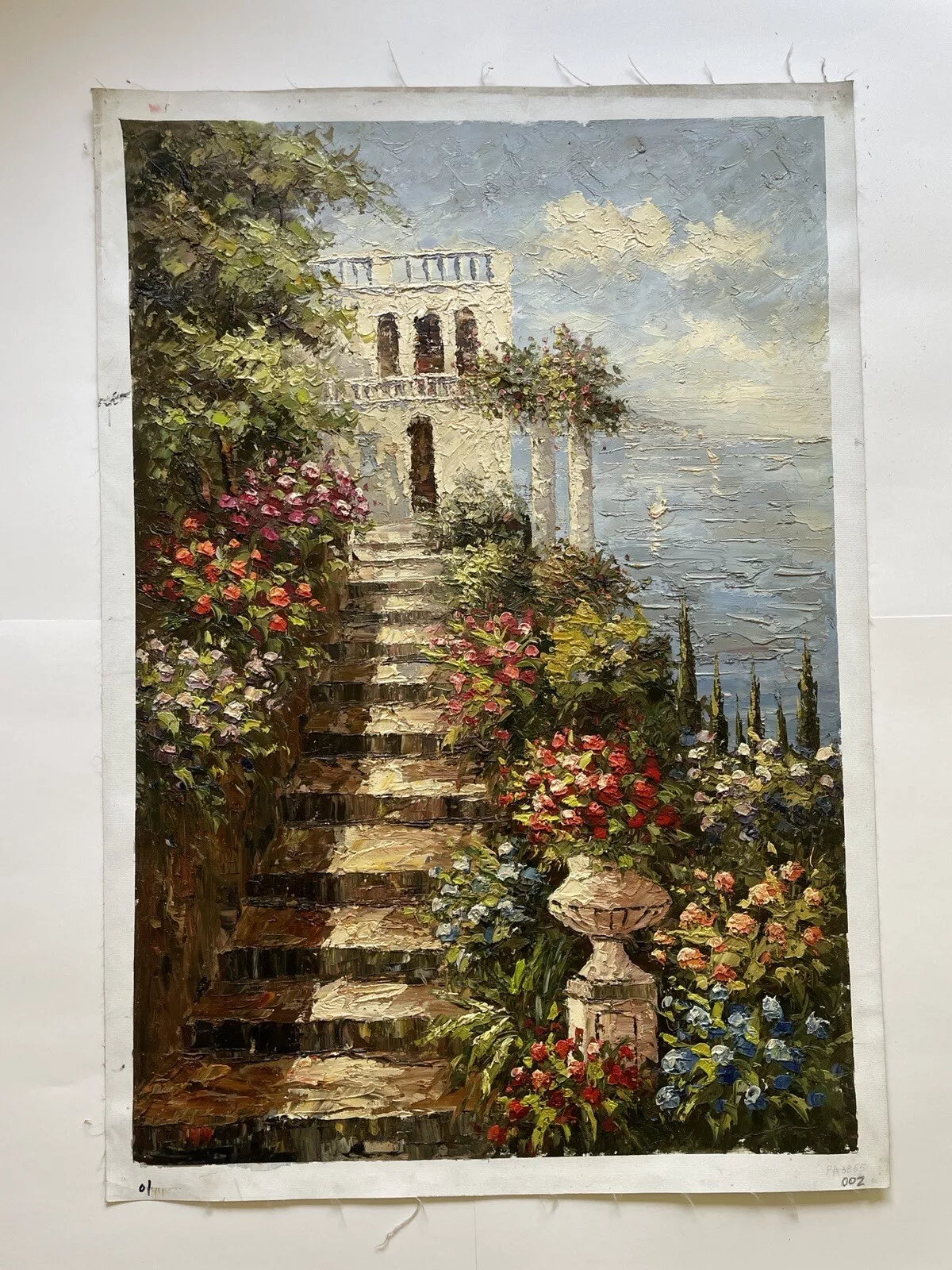 art-paysage-bord-mer-escalier-fleurs-peinture-huile sur toile