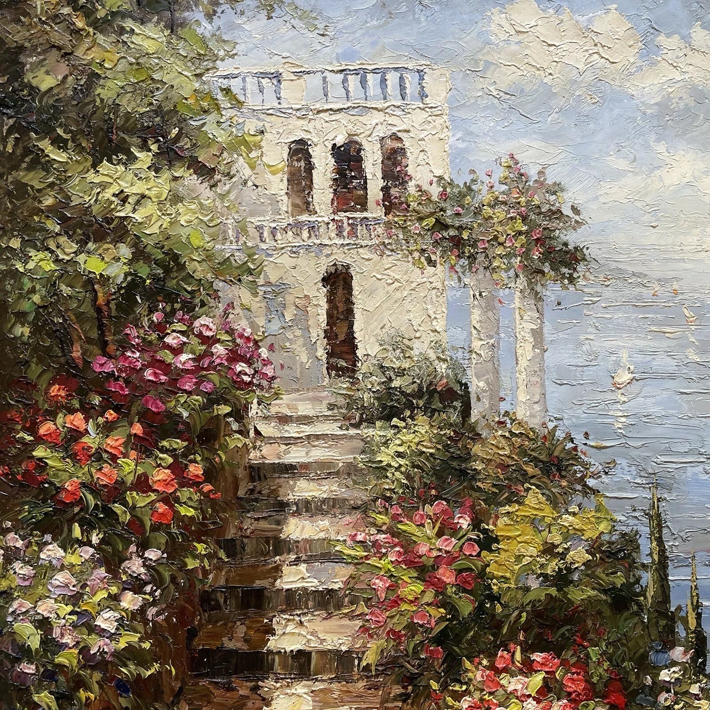 art-paysage-bord-mer-escalier-fleurs-peinture-huile sur toile