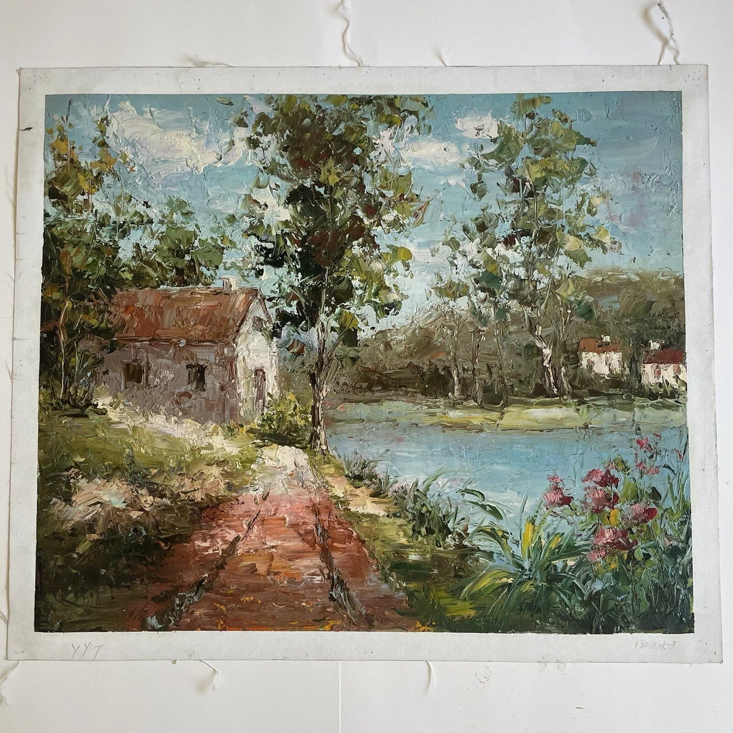 art-paysage-rivière-maison-peinture-huile sur toile