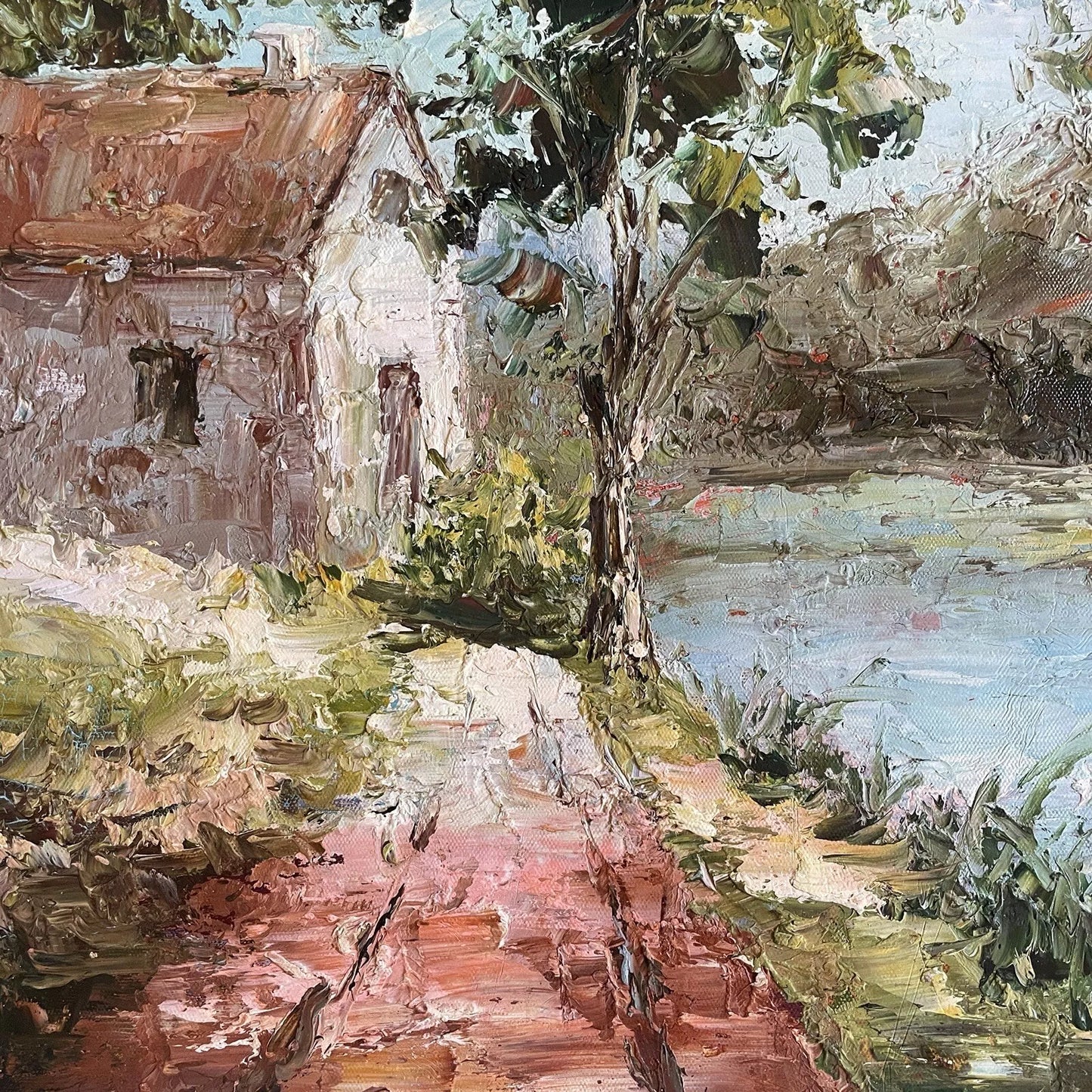 art-paysage-rivière-maison-peinture-huile sur toile