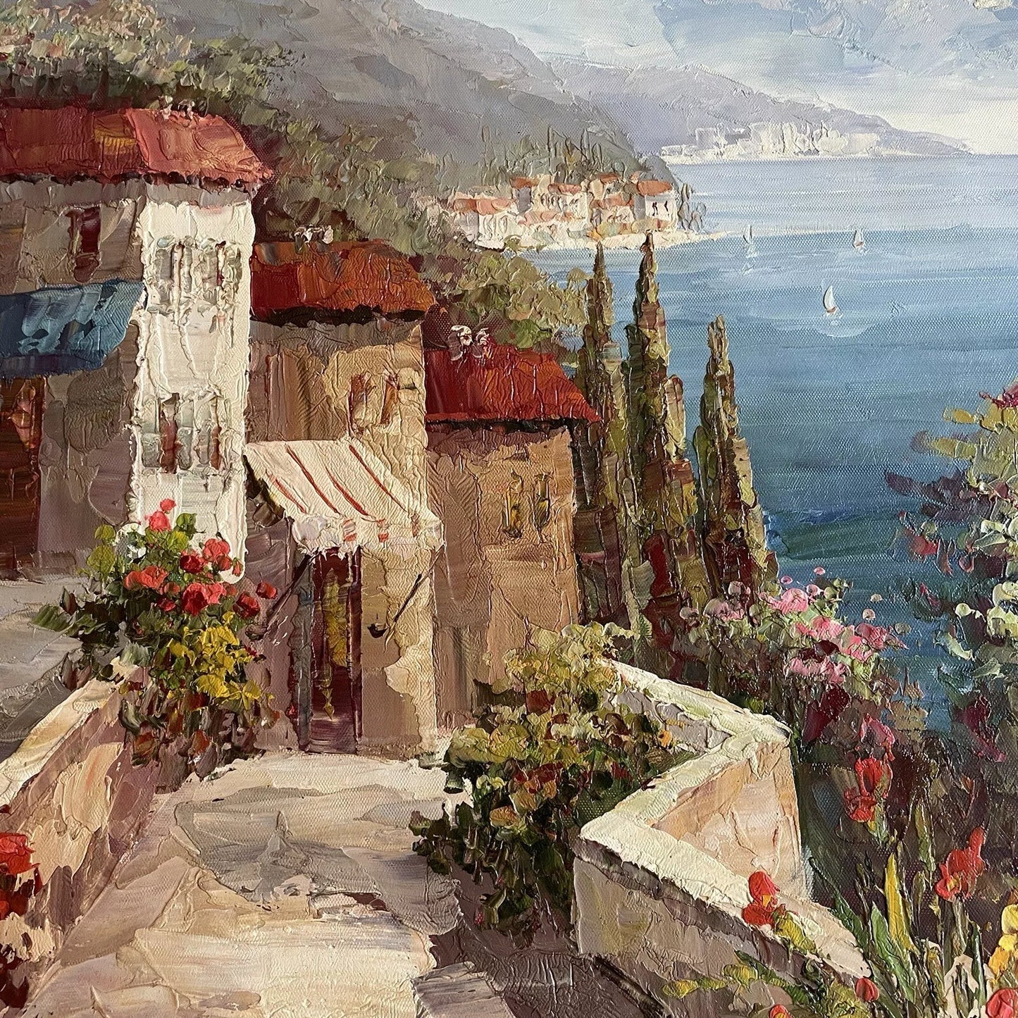 art-paysage-vue-mer-village-peinture-huile sur toile