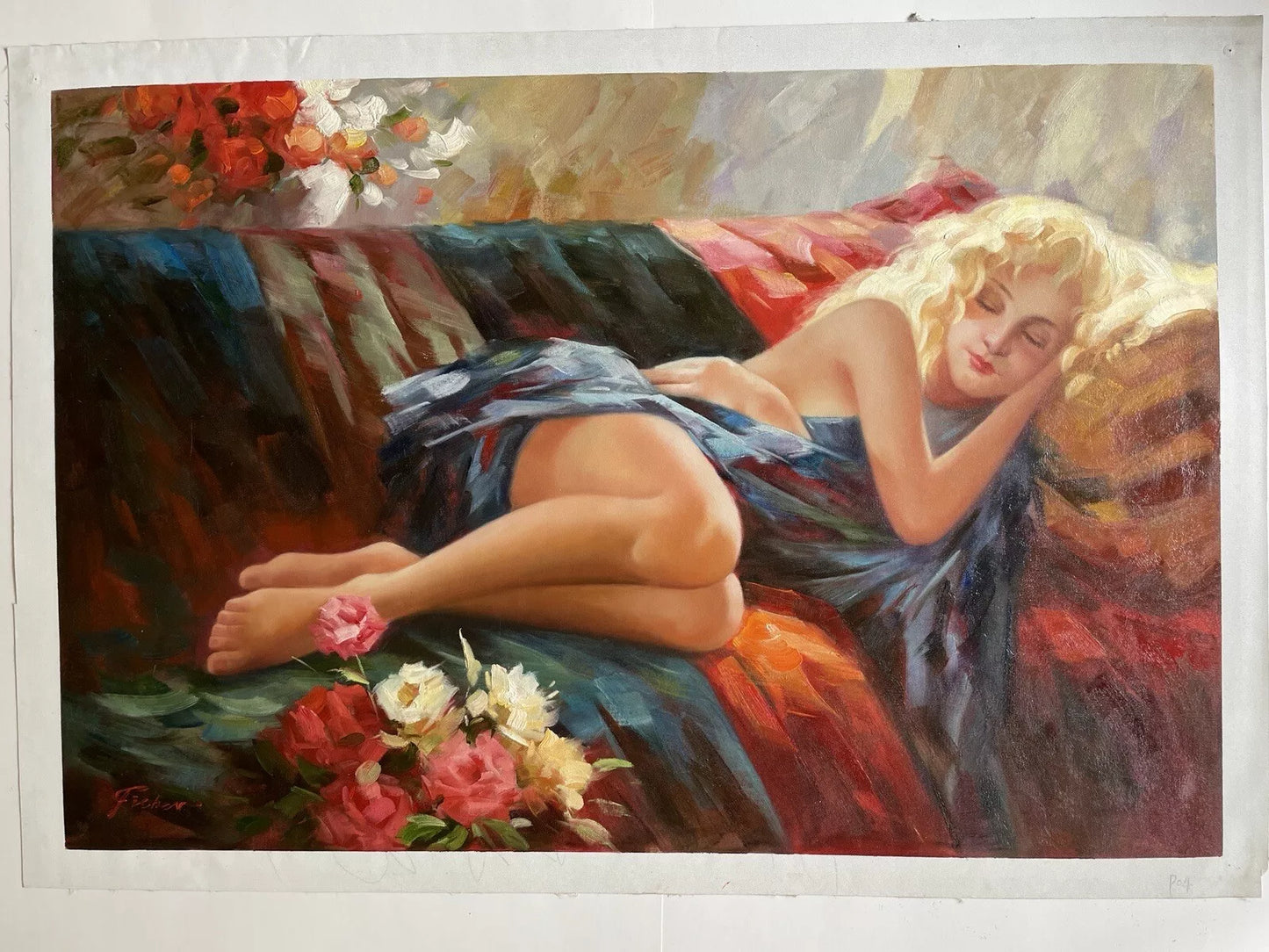 art-scène-érotique-femme-endormie-lit-chambre-peinture-huile sur toile