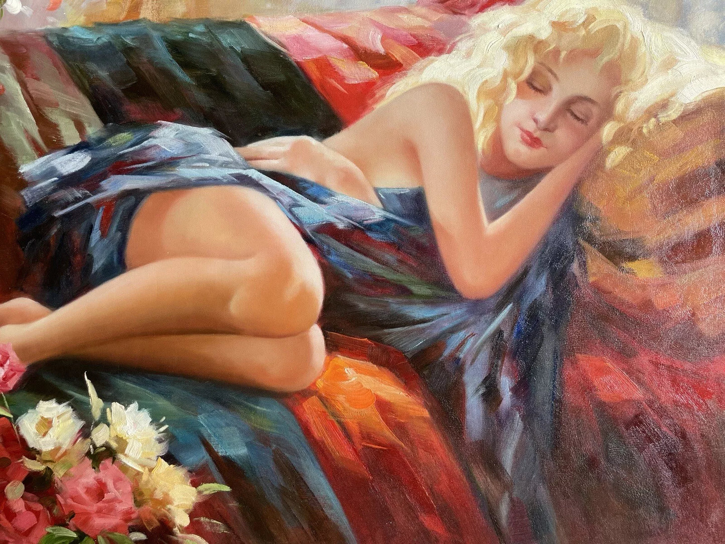 art-scène-érotique-femme-endormie-lit-chambre-peinture-huile sur toile