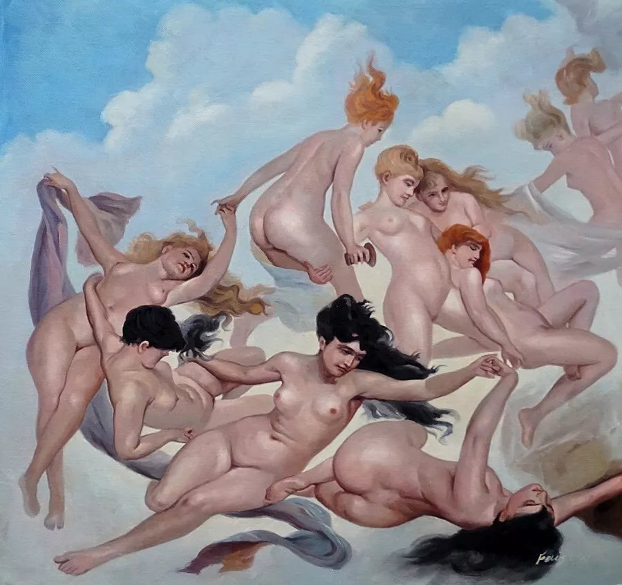 art-nue-femmes-farandole-mythologie-peinture huile sur toile