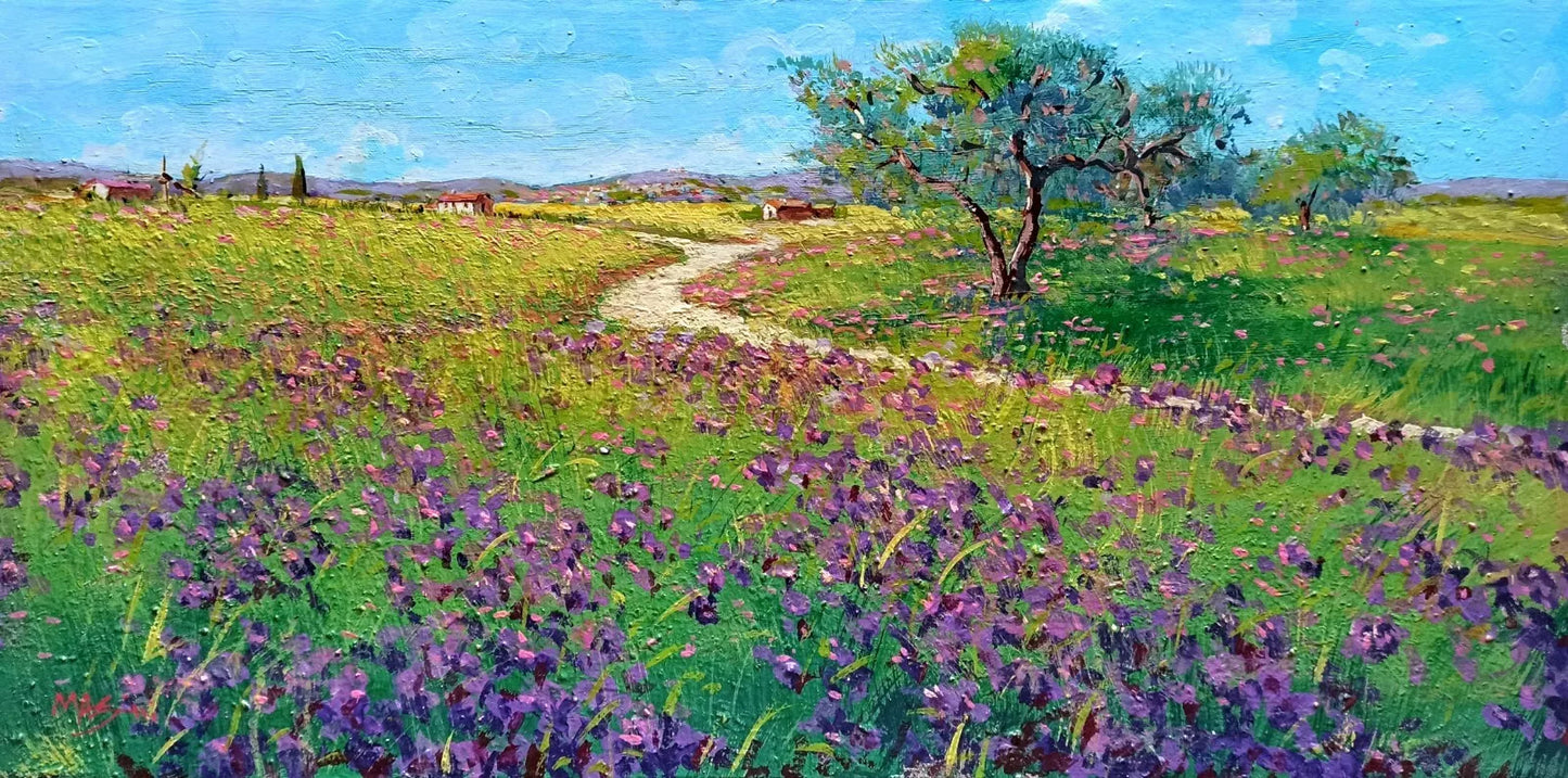 art-paysage-campagne-toscane-champ-iris-peinture-huile sur toile