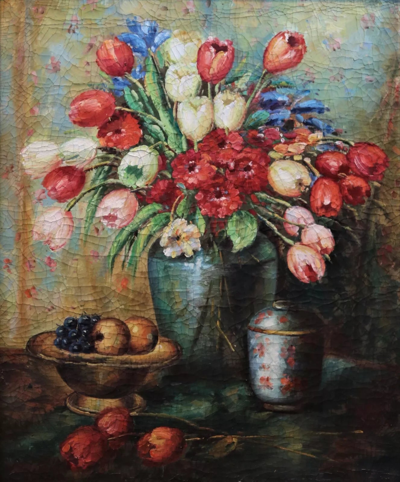 art-nature-morte-fleurs-vase-peinture-huile sur toile craquelée