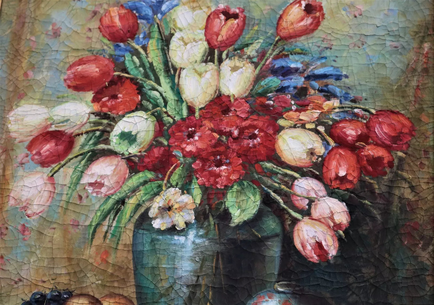 art-nature-morte-fleurs-vase-peinture-huile sur toile craquelée