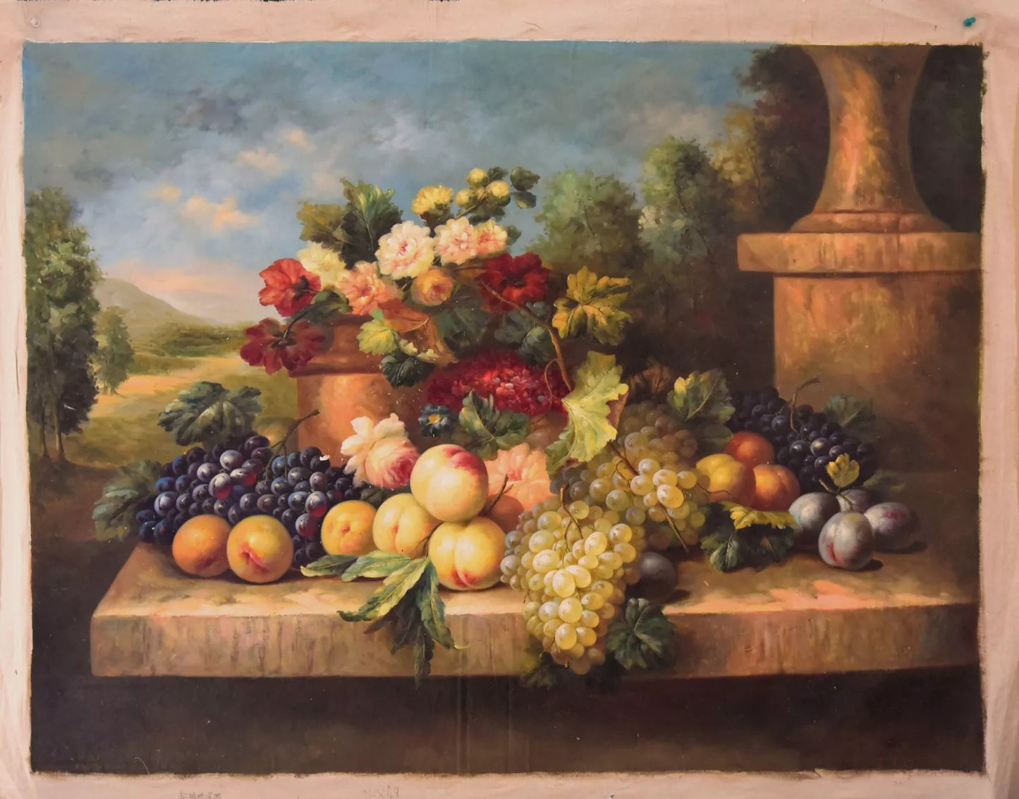 art-nature-morte-bouquet-fleurs-vase-fruits-peinture-huile-toile