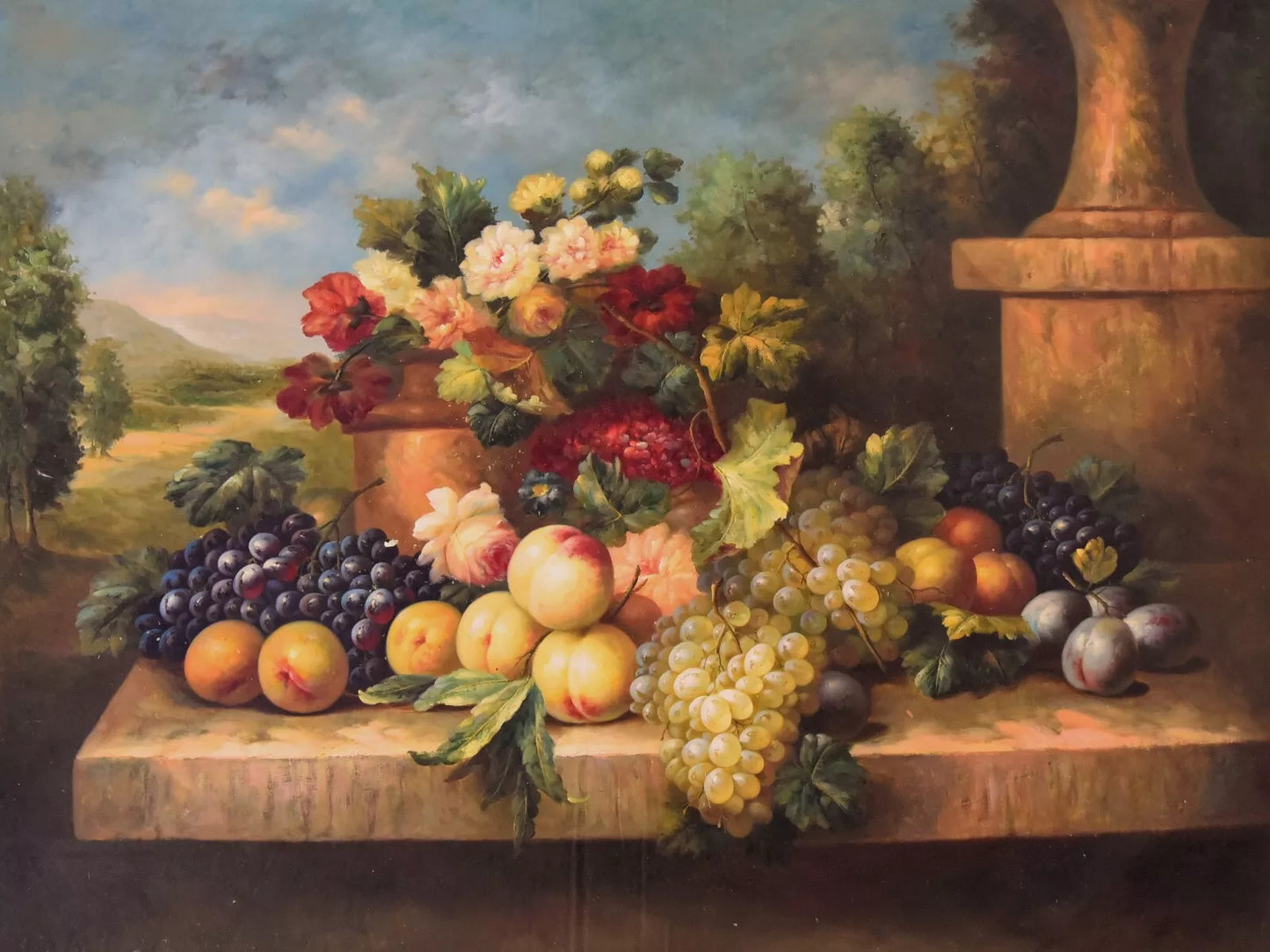 art-nature-morte-bouquet-fleurs-vase-fruits-peinture-huile-toile