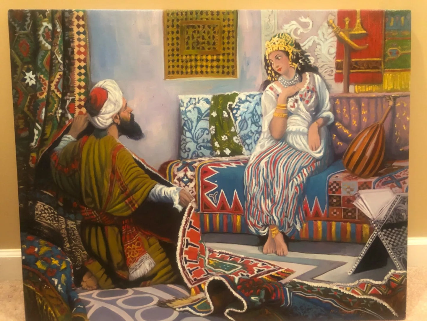 art-arabe-scène-orientaliste-marchand-tapis-peinture-huile-toile