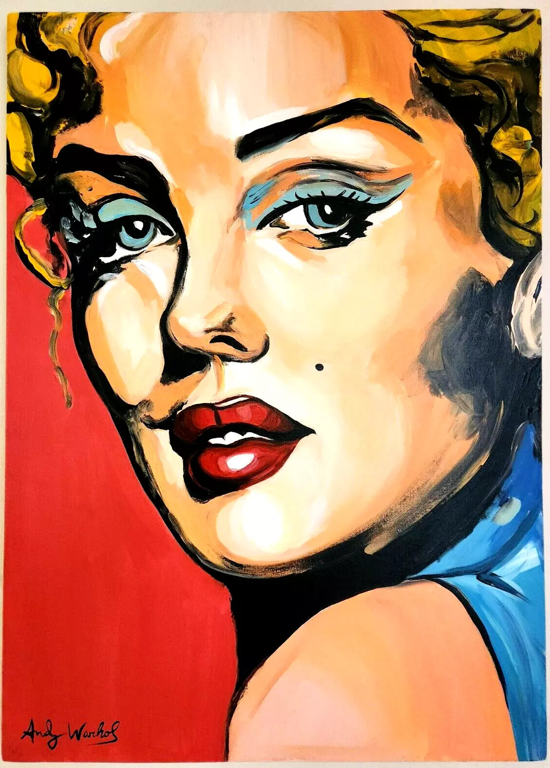 pop art-portrait-femme-yeux-bleus-peinture-huile-toile