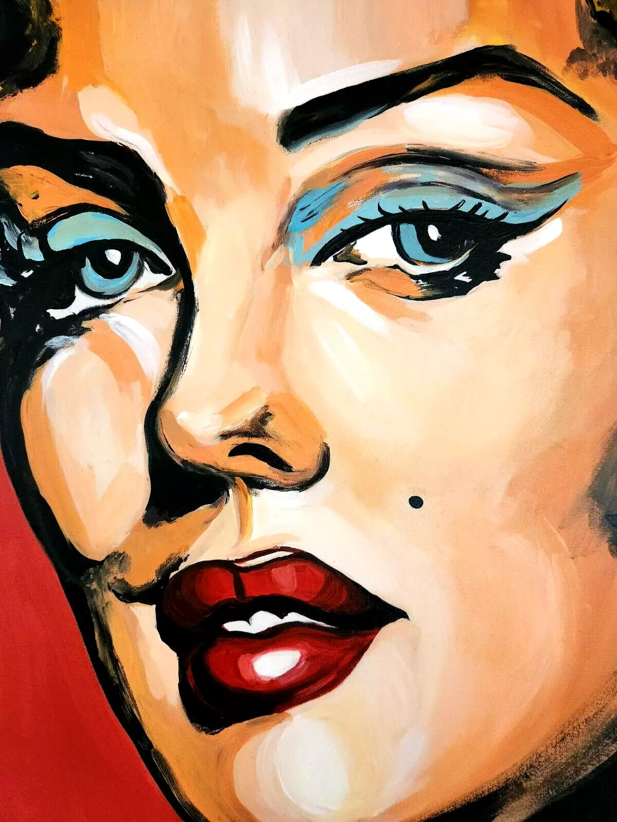 pop art-portrait-femme-yeux-bleus-peinture-huile-toile