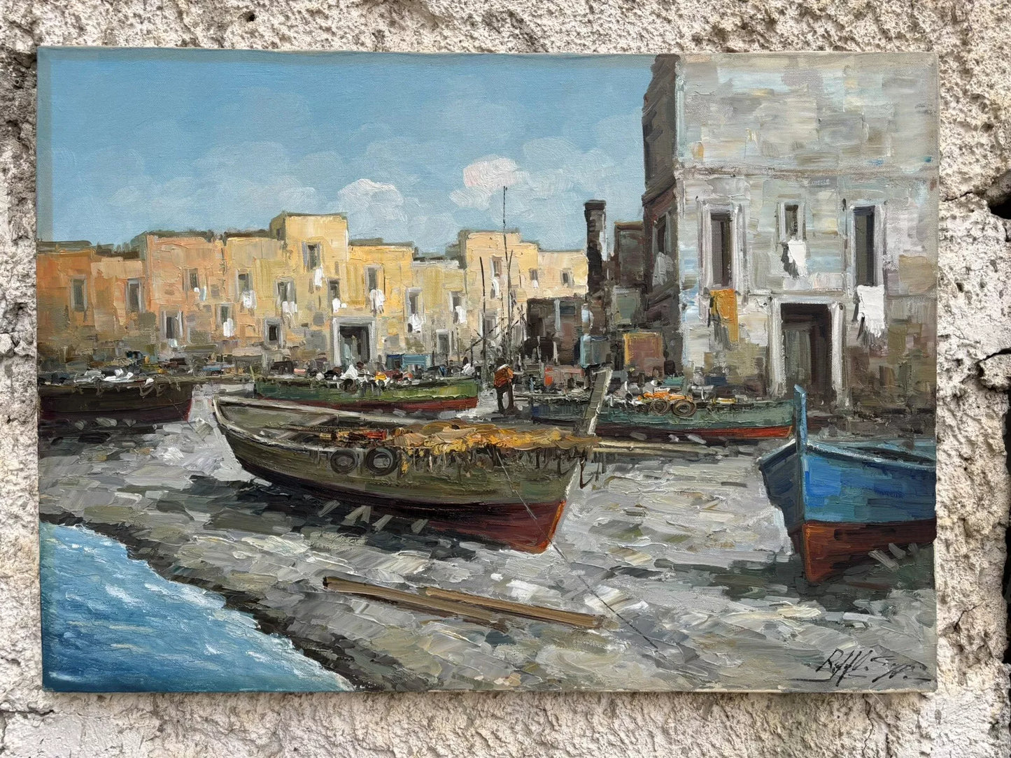 Tableau vintage - Bateaux au repos - peinture à l'huile sur toile