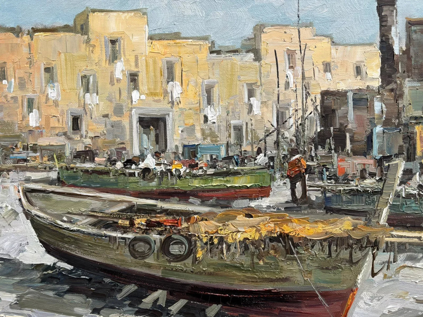 Tableau vintage - Bateaux au repos - peinture à l'huile sur toile