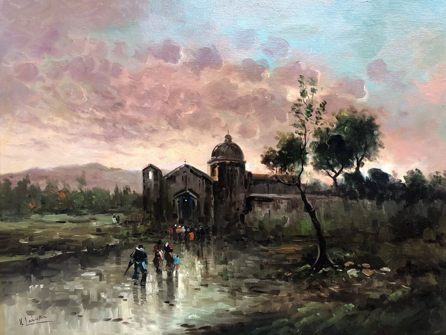 Tableau vintage - Paysage avec personnages - peinture à l'huile sur toile