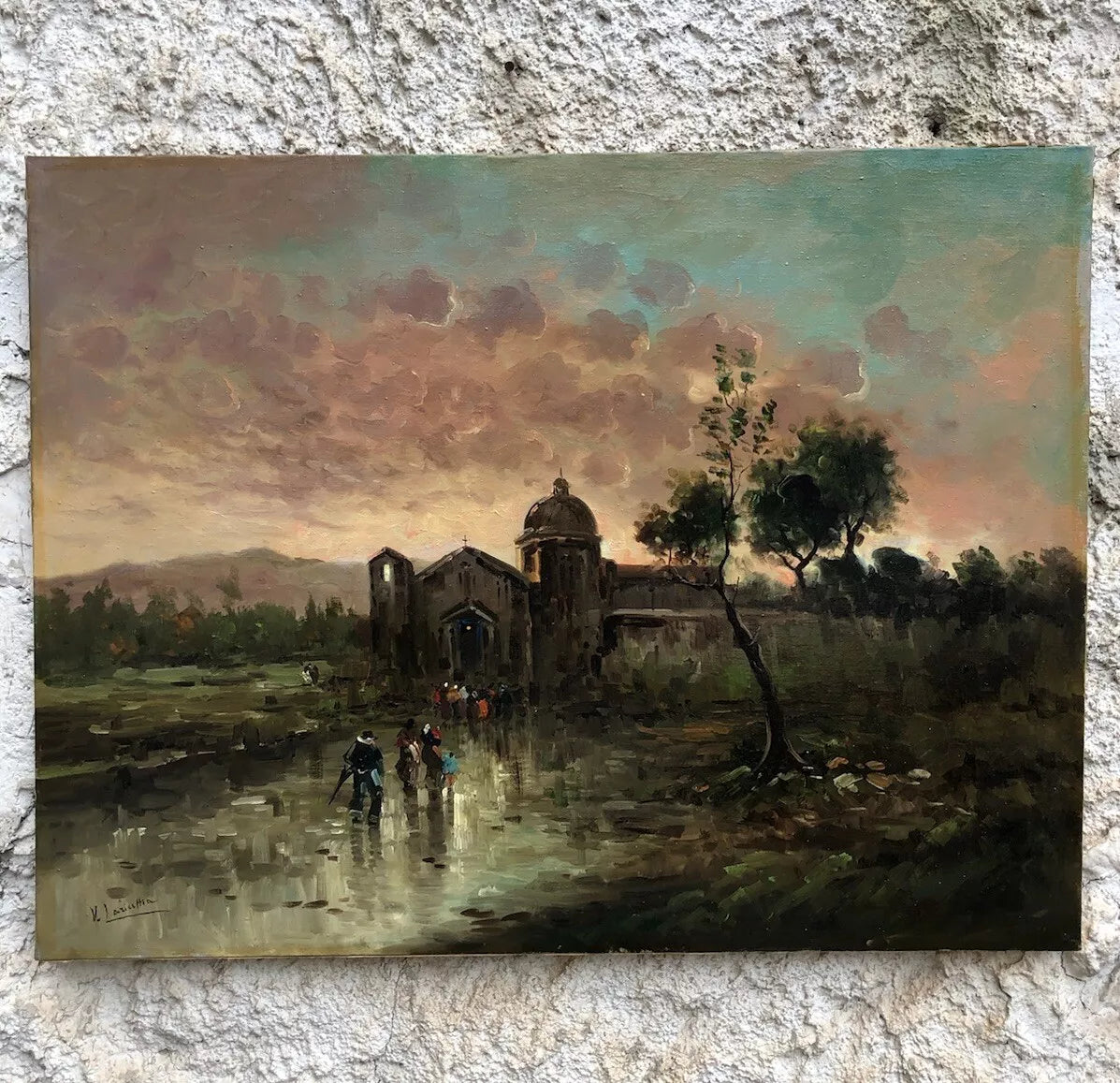 Tableau vintage - Paysage avec personnages - peinture à l'huile sur toile