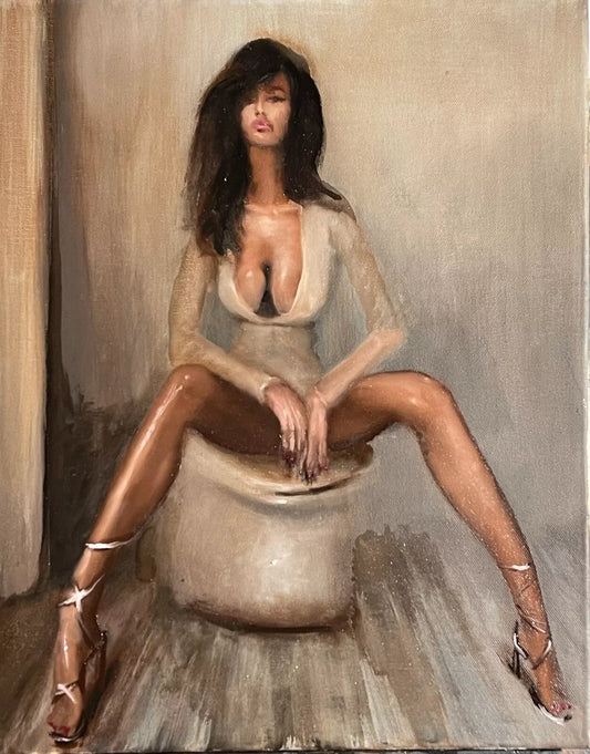 art-érotique-femme-sexy-aux toilettes-belle poitrine-peinture-huile-toile