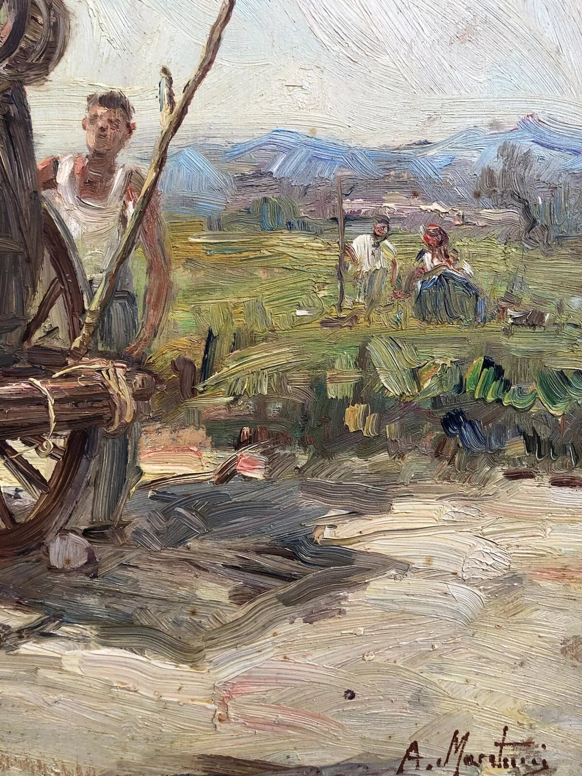 Tableau vintage - Paysage avec charrette - peinture à l'huile sur panneau bois