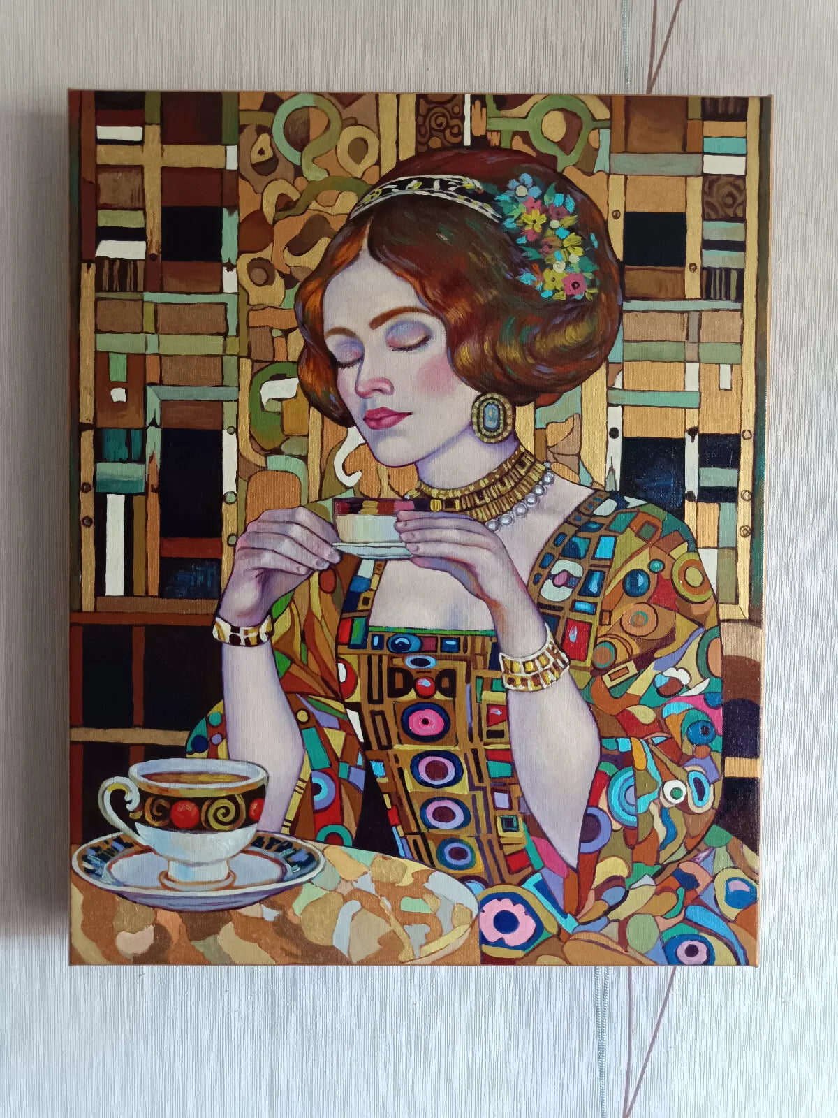 portrait femme façon Klimt tableau peinture huile sur toile